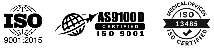 ISO 9001:2015, AS9100D and ISO 13485 certification badges