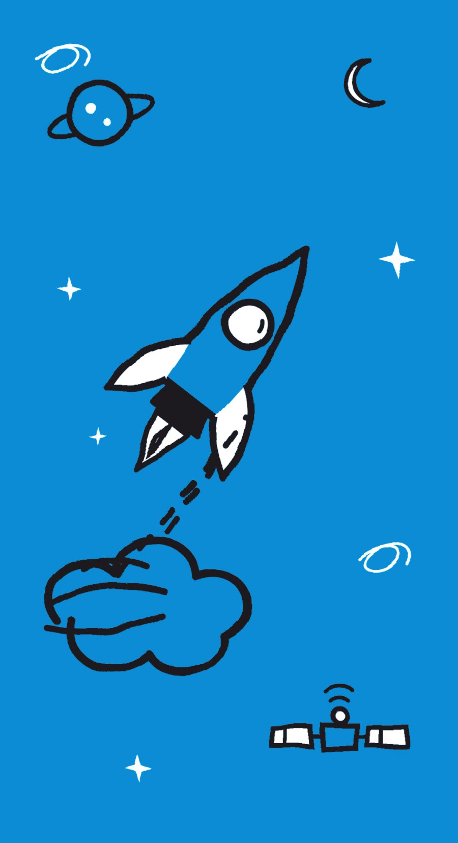 Right-brain doodle of a rocket launching past planets and a satellite